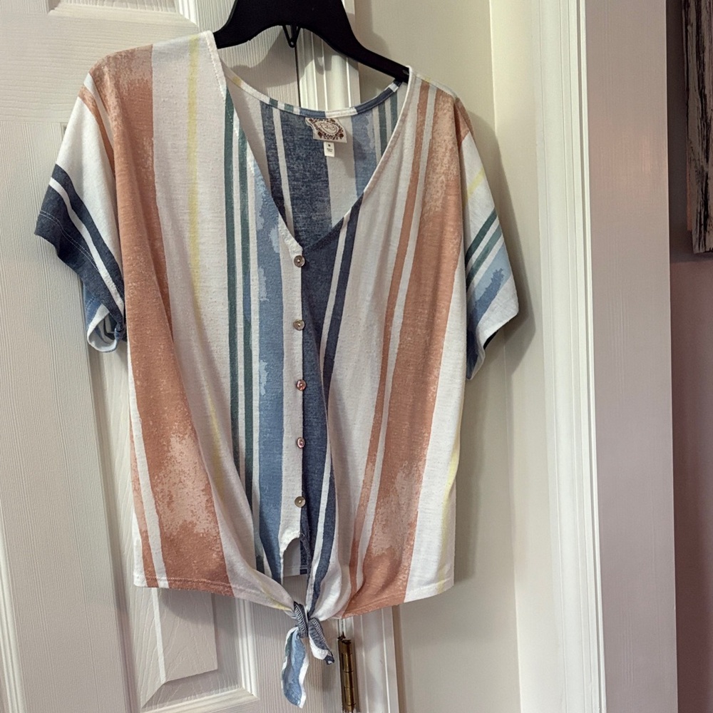 Striped V-Neck Button-Down Tie-Front Top